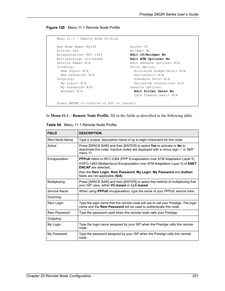 Figure 128 menu 11.1 remote node profile, Table 84 menu 11.1 remote node profile | ZyXEL Communications Prestige 2602R Series User Manual | Page 251 / 450