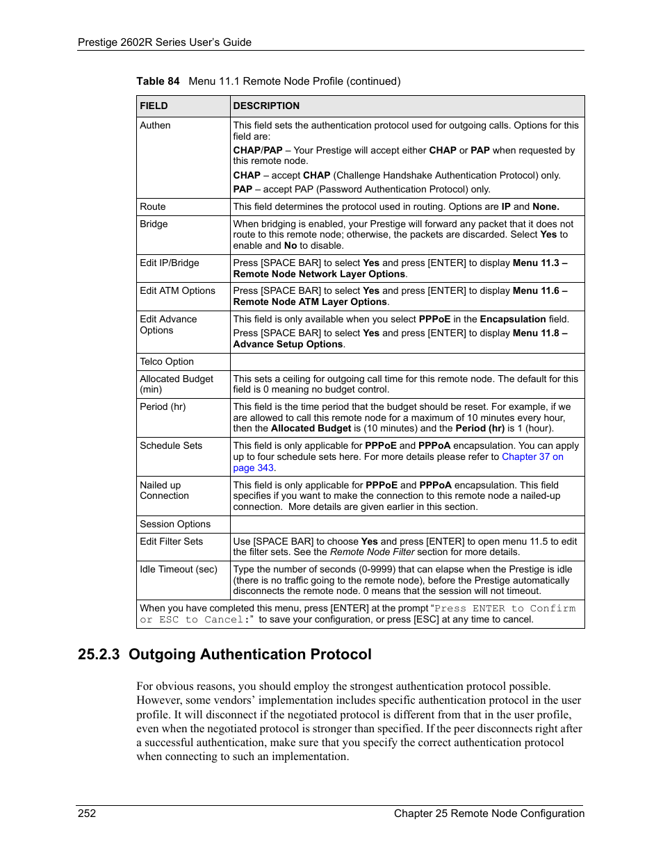 3 outgoing authentication protocol | ZyXEL Communications Prestige 2602R Series User Manual | Page 252 / 450