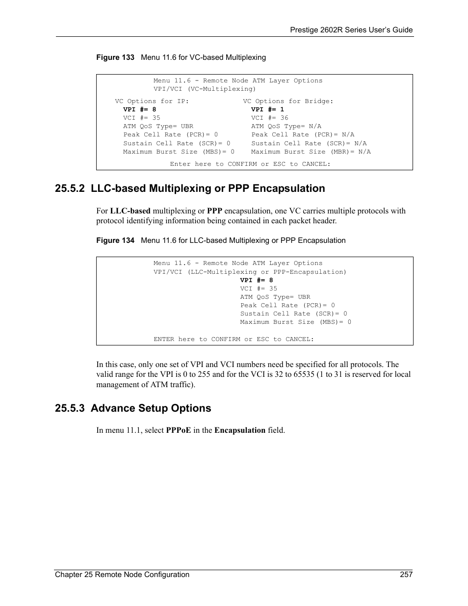 2 llc-based multiplexing or ppp encapsulation, 3 advance setup options | ZyXEL Communications Prestige 2602R Series User Manual | Page 257 / 450