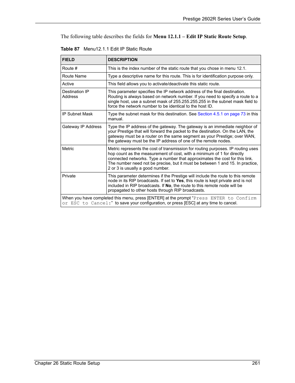 Table 87 menu12.1.1 edit ip static route | ZyXEL Communications Prestige 2602R Series User Manual | Page 261 / 450