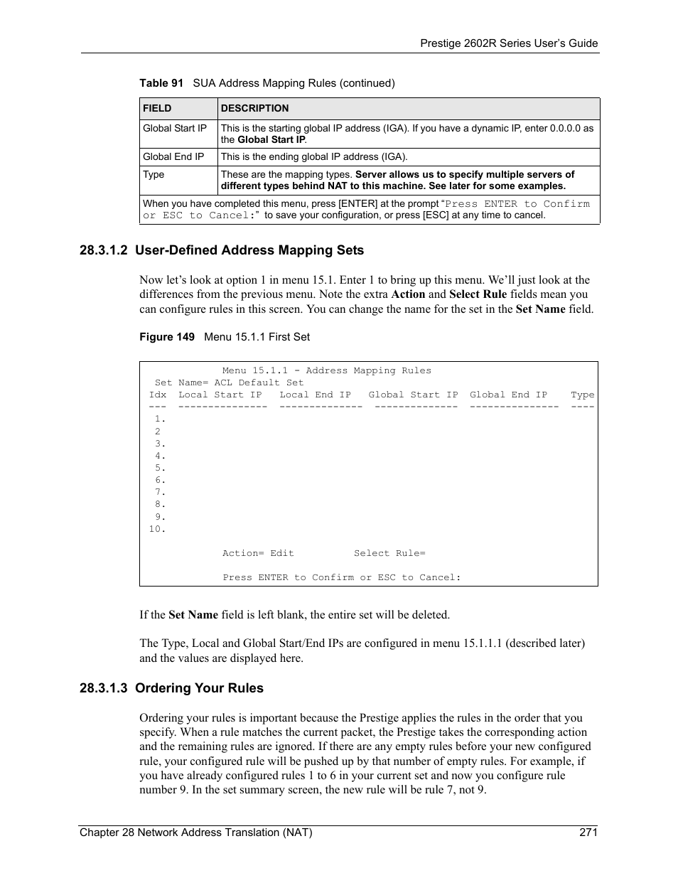 2 user-defined address mapping sets, 3 ordering your rules, Figure 149 menu 15.1.1 first set | ZyXEL Communications Prestige 2602R Series User Manual | Page 271 / 450