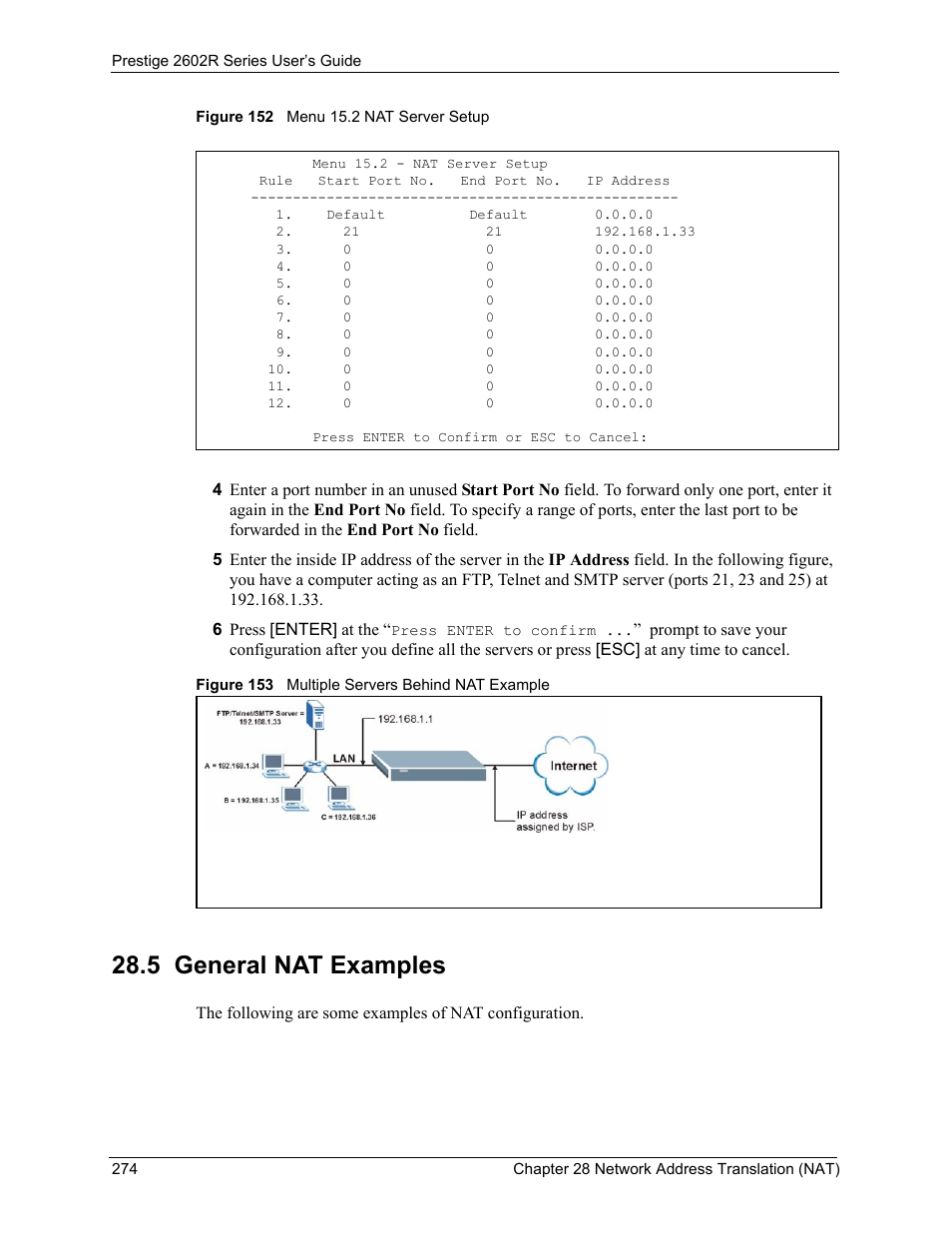 5 general nat examples | ZyXEL Communications Prestige 2602R Series User Manual | Page 274 / 450