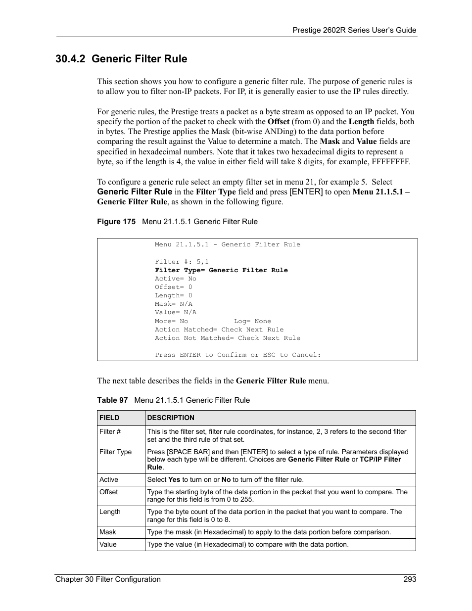 2 generic filter rule, Figure 175 menu 21.1.5.1 generic filter rule, Table 97 menu 21.1.5.1 generic filter rule | ZyXEL Communications Prestige 2602R Series User Manual | Page 293 / 450