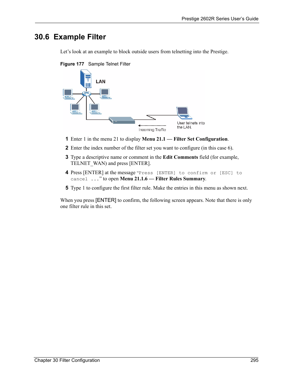 6 example filter, Figure 177 sample telnet filter | ZyXEL Communications Prestige 2602R Series User Manual | Page 295 / 450