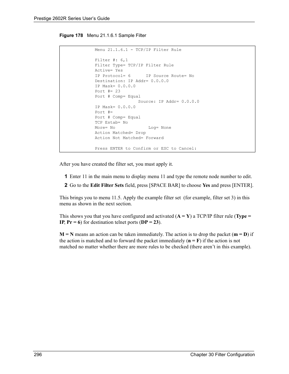 Figure 178 menu 21.1.6.1 sample filter | ZyXEL Communications Prestige 2602R Series User Manual | Page 296 / 450