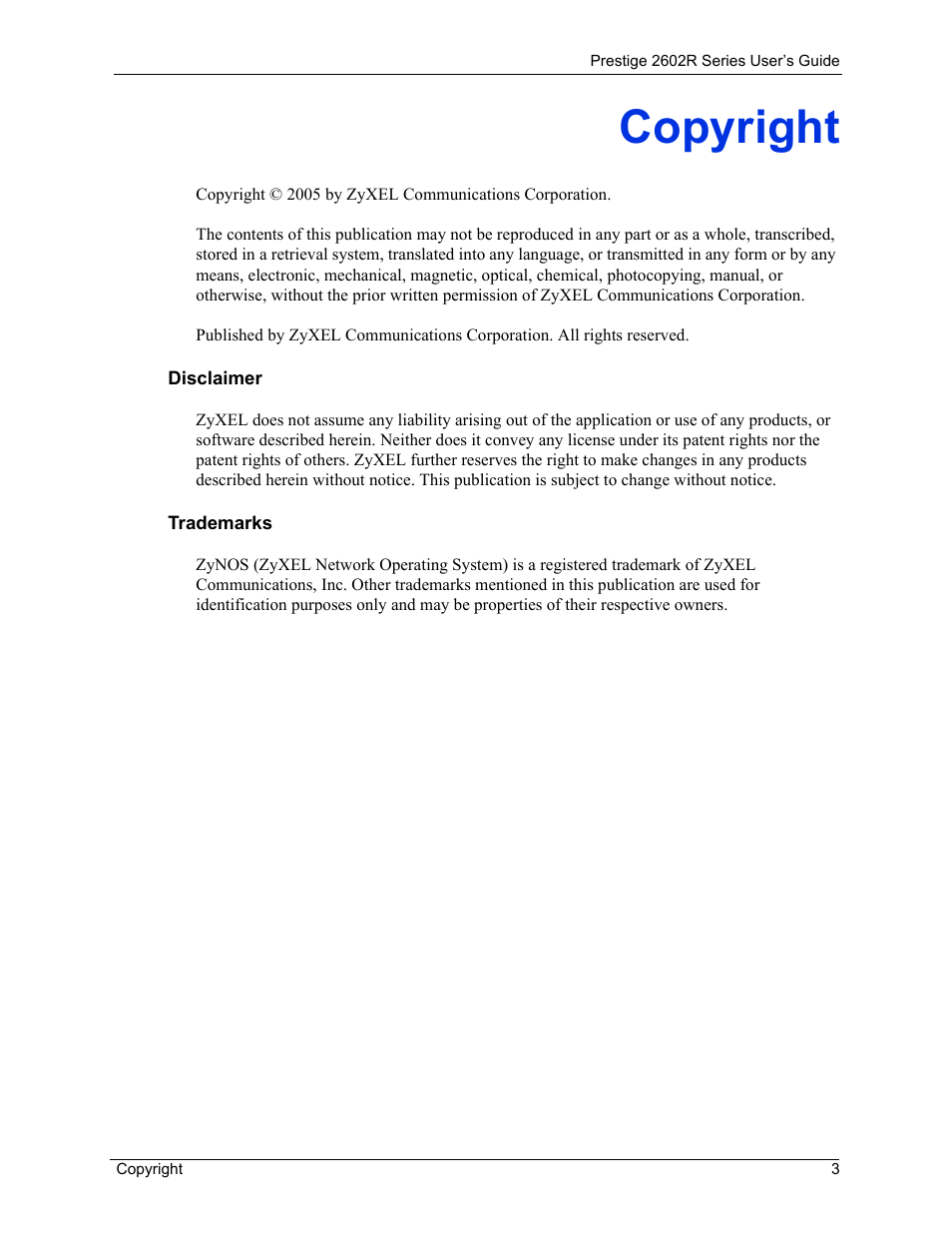 Copyright | ZyXEL Communications Prestige 2602R Series User Manual | Page 3 / 450