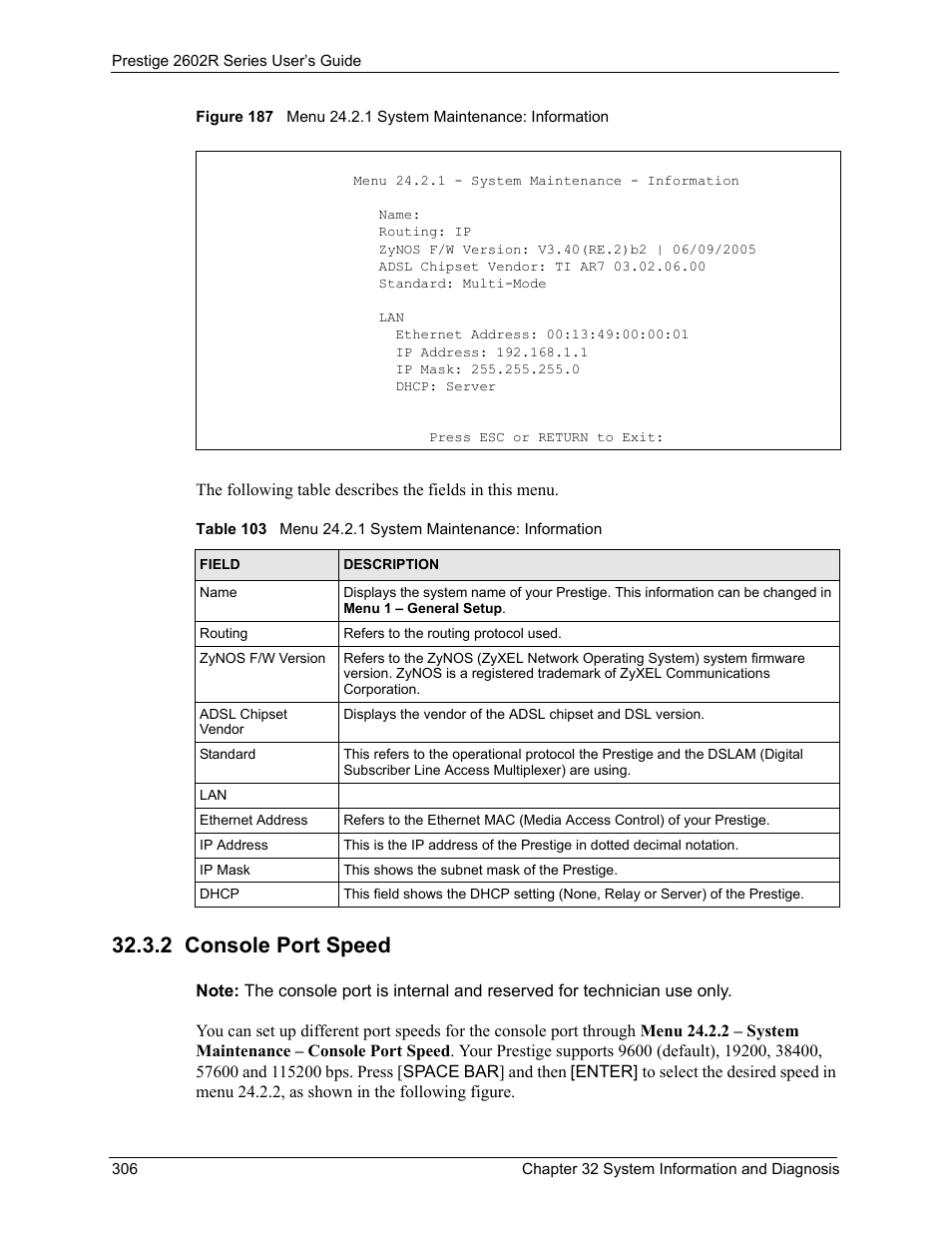 2 console port speed | ZyXEL Communications Prestige 2602R Series User Manual | Page 306 / 450