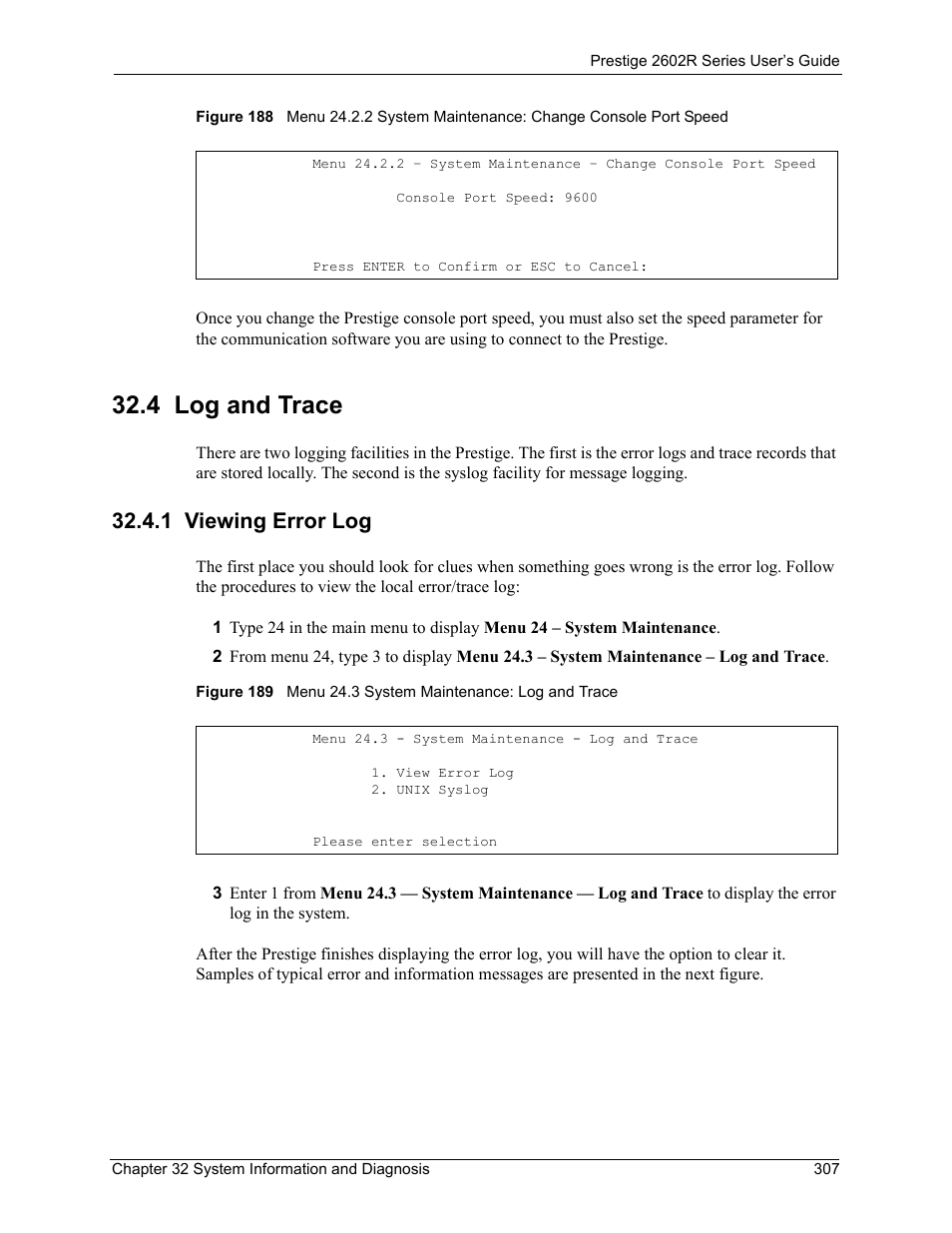 4 log and trace, 1 viewing error log | ZyXEL Communications Prestige 2602R Series User Manual | Page 307 / 450