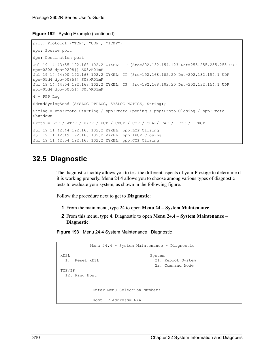 5 diagnostic | ZyXEL Communications Prestige 2602R Series User Manual | Page 310 / 450