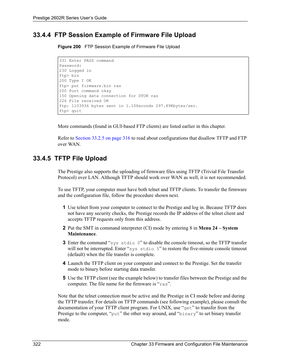 4 ftp session example of firmware file upload, 5 tftp file upload | ZyXEL Communications Prestige 2602R Series User Manual | Page 322 / 450