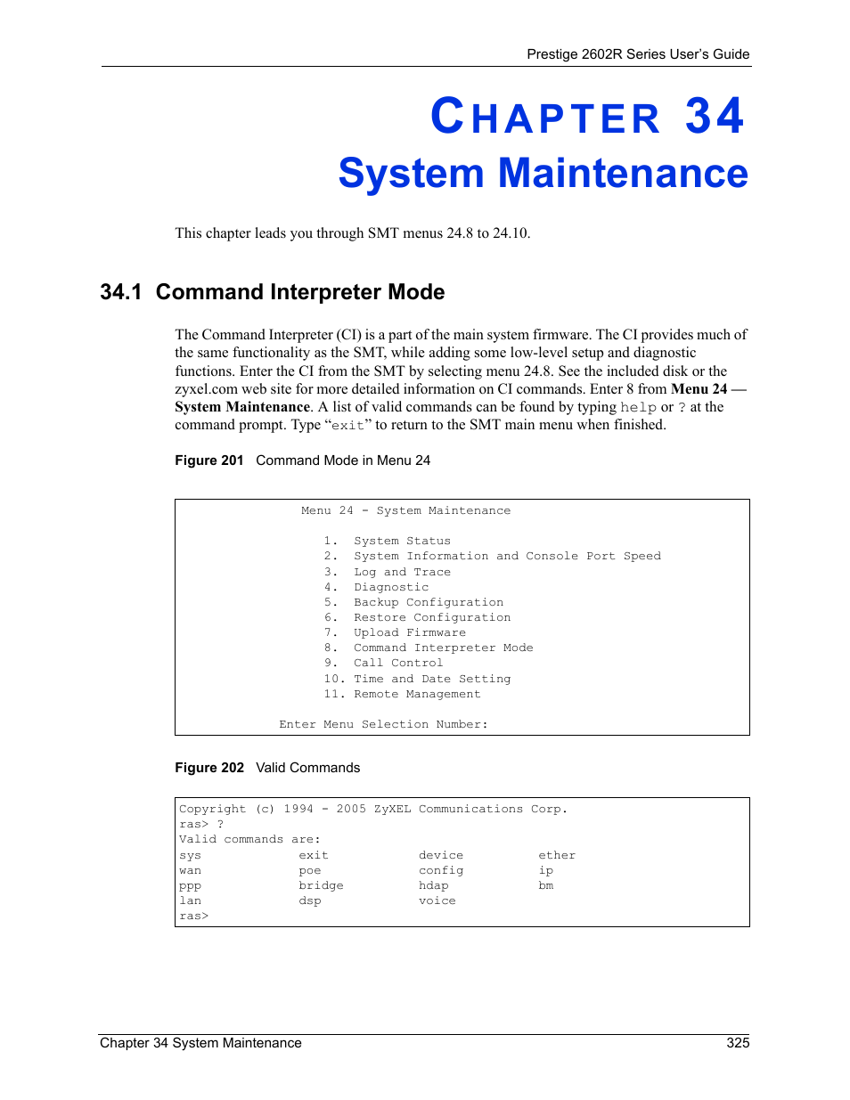 System maintenance, 1 command interpreter mode, Chapter 34 system maintenance | ZyXEL Communications Prestige 2602R Series User Manual | Page 325 / 450