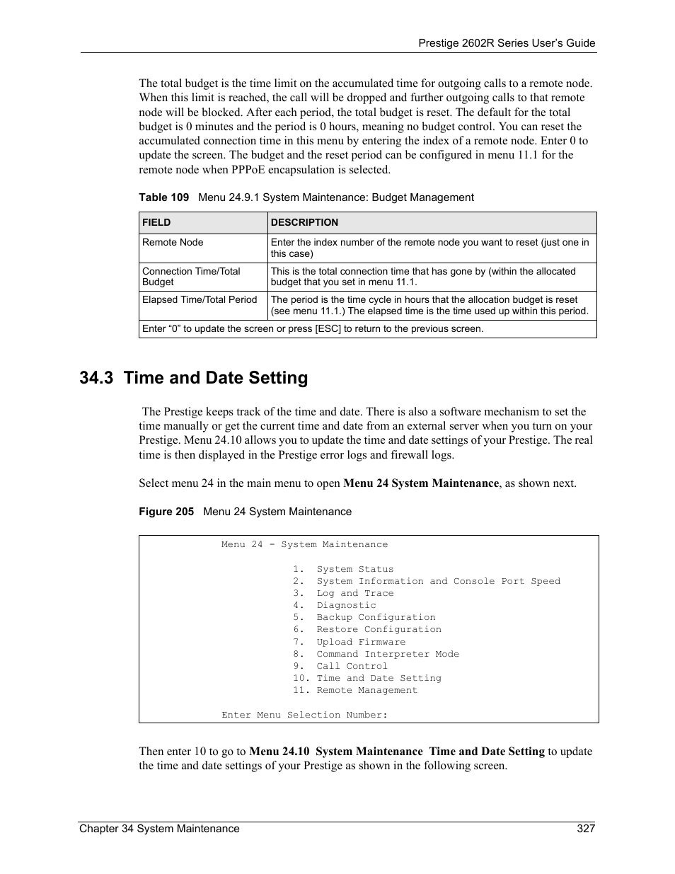 3 time and date setting, Figure 205 menu 24 system maintenance | ZyXEL Communications Prestige 2602R Series User Manual | Page 327 / 450