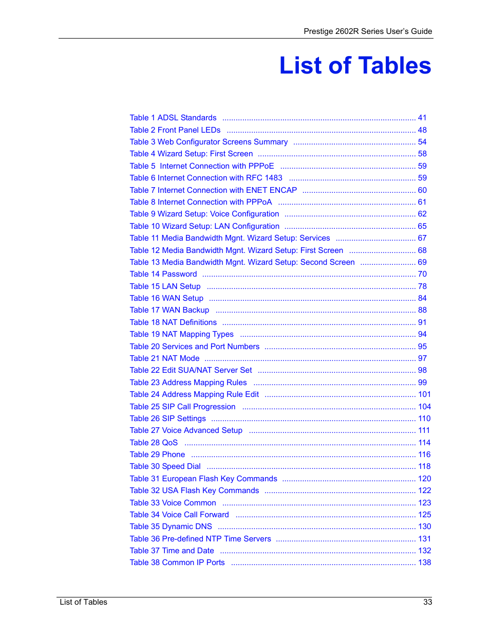 List of tables | ZyXEL Communications Prestige 2602R Series User Manual | Page 33 / 450