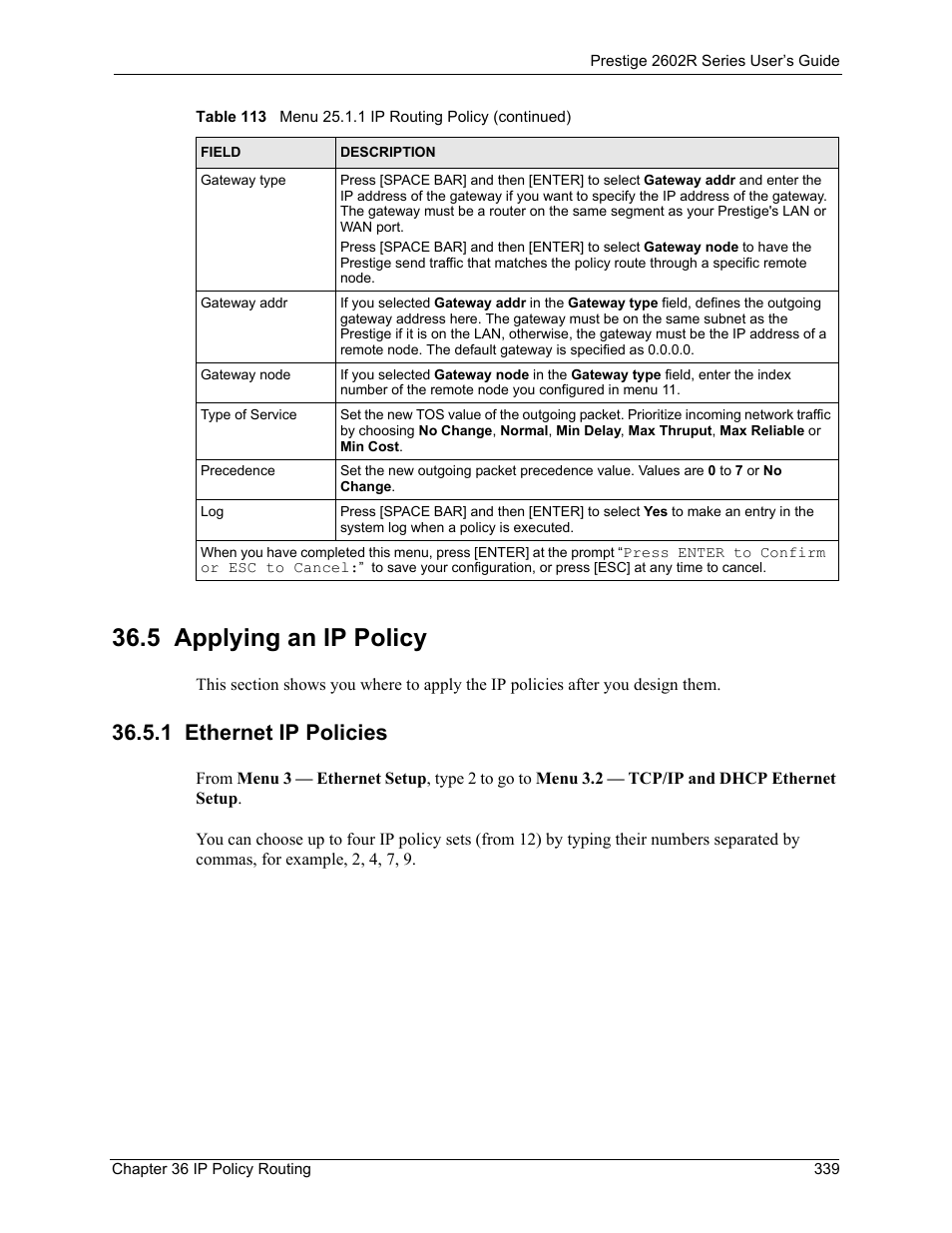 5 applying an ip policy, 1 ethernet ip policies | ZyXEL Communications Prestige 2602R Series User Manual | Page 339 / 450