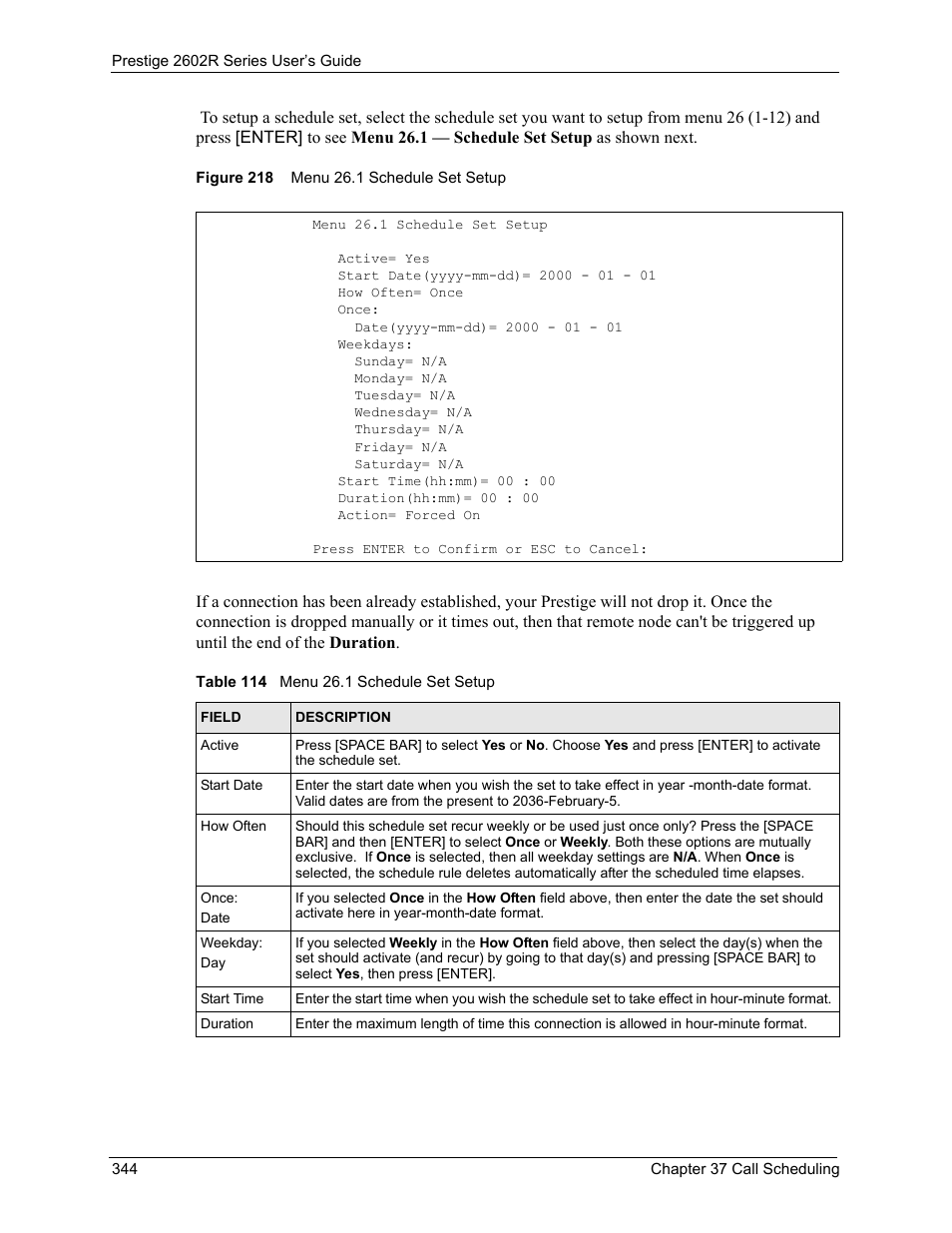 Figure 218 menu 26.1 schedule set setup, Table 114 menu 26.1 schedule set setup | ZyXEL Communications Prestige 2602R Series User Manual | Page 344 / 450