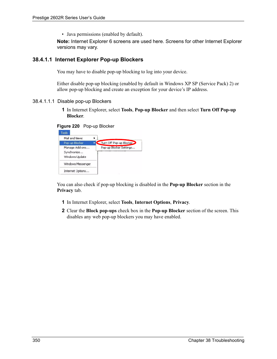 1 internet explorer pop-up blockers, Figure 220 pop-up blocker | ZyXEL Communications Prestige 2602R Series User Manual | Page 350 / 450