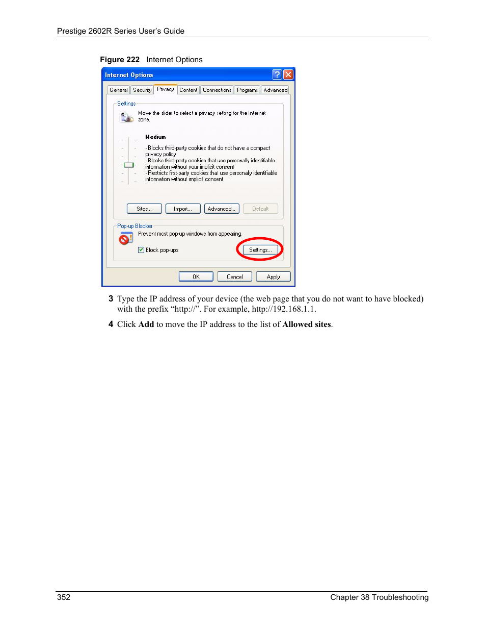 Figure 222 internet options | ZyXEL Communications Prestige 2602R Series User Manual | Page 352 / 450