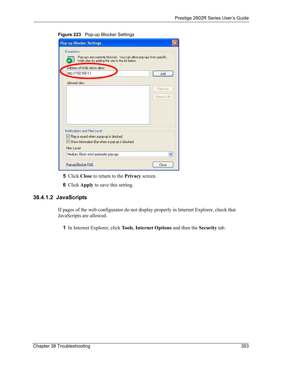 2 javascripts, Figure 223 pop-up blocker settings | ZyXEL Communications Prestige 2602R Series User Manual | Page 353 / 450