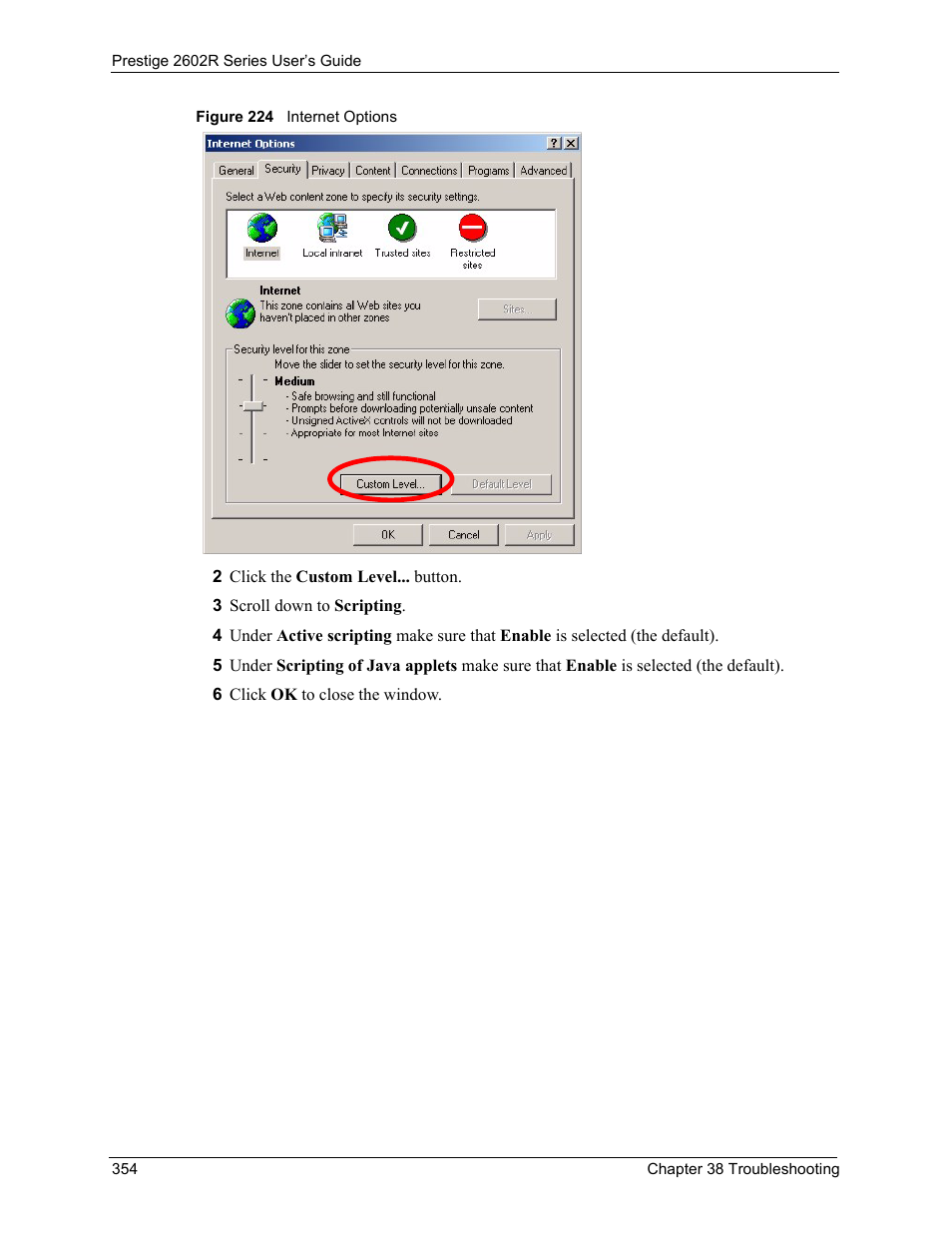 Figure 224 internet options | ZyXEL Communications Prestige 2602R Series User Manual | Page 354 / 450