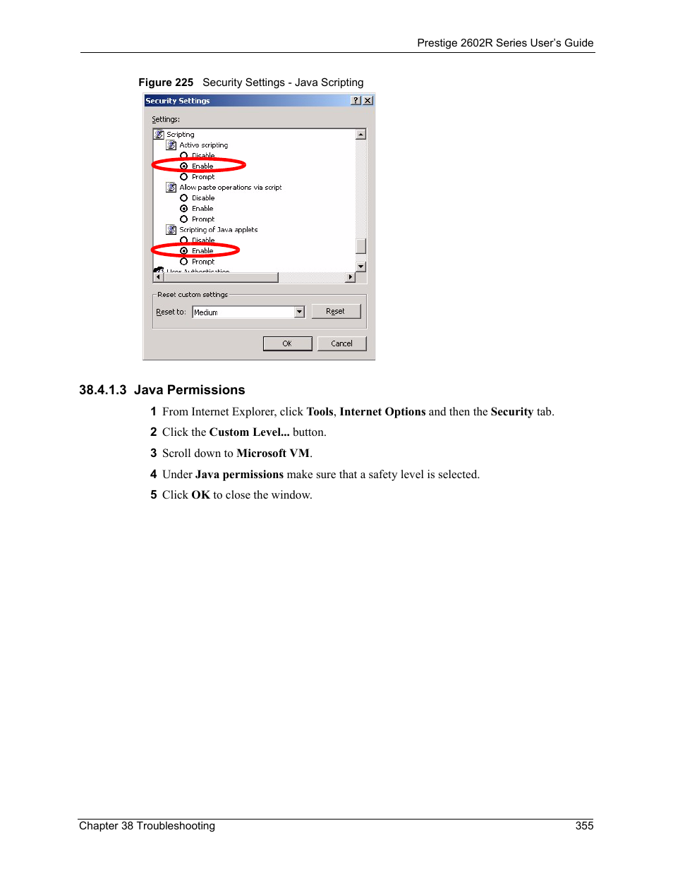3 java permissions, Figure 225 security settings - java scripting | ZyXEL Communications Prestige 2602R Series User Manual | Page 355 / 450