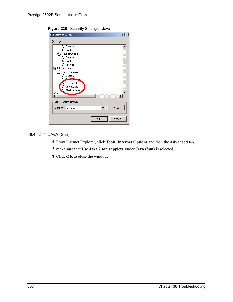 Figure 226 security settings - java | ZyXEL Communications Prestige 2602R Series User Manual | Page 356 / 450
