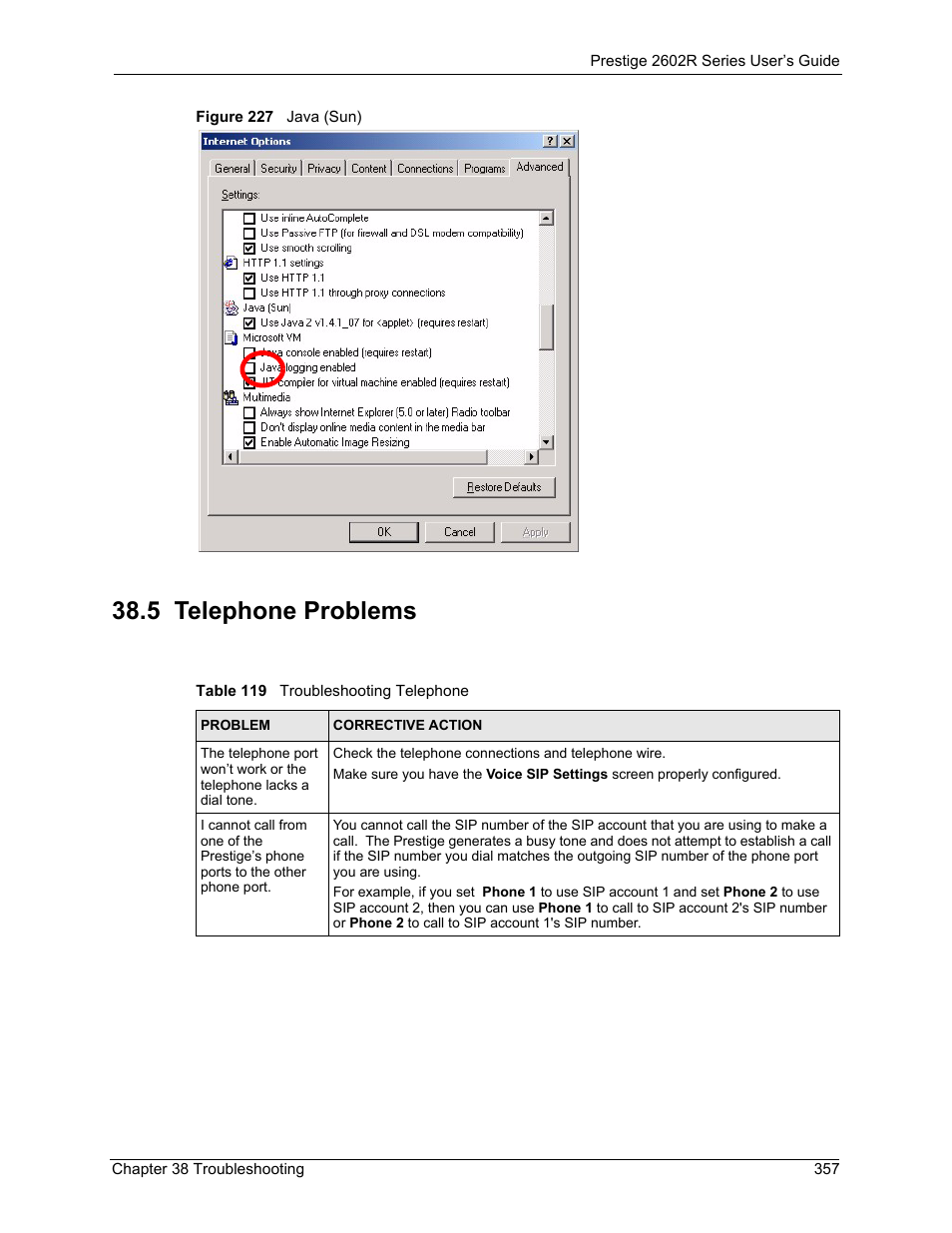 5 telephone problems, Figure 227 java (sun), Table 119 troubleshooting telephone | ZyXEL Communications Prestige 2602R Series User Manual | Page 357 / 450