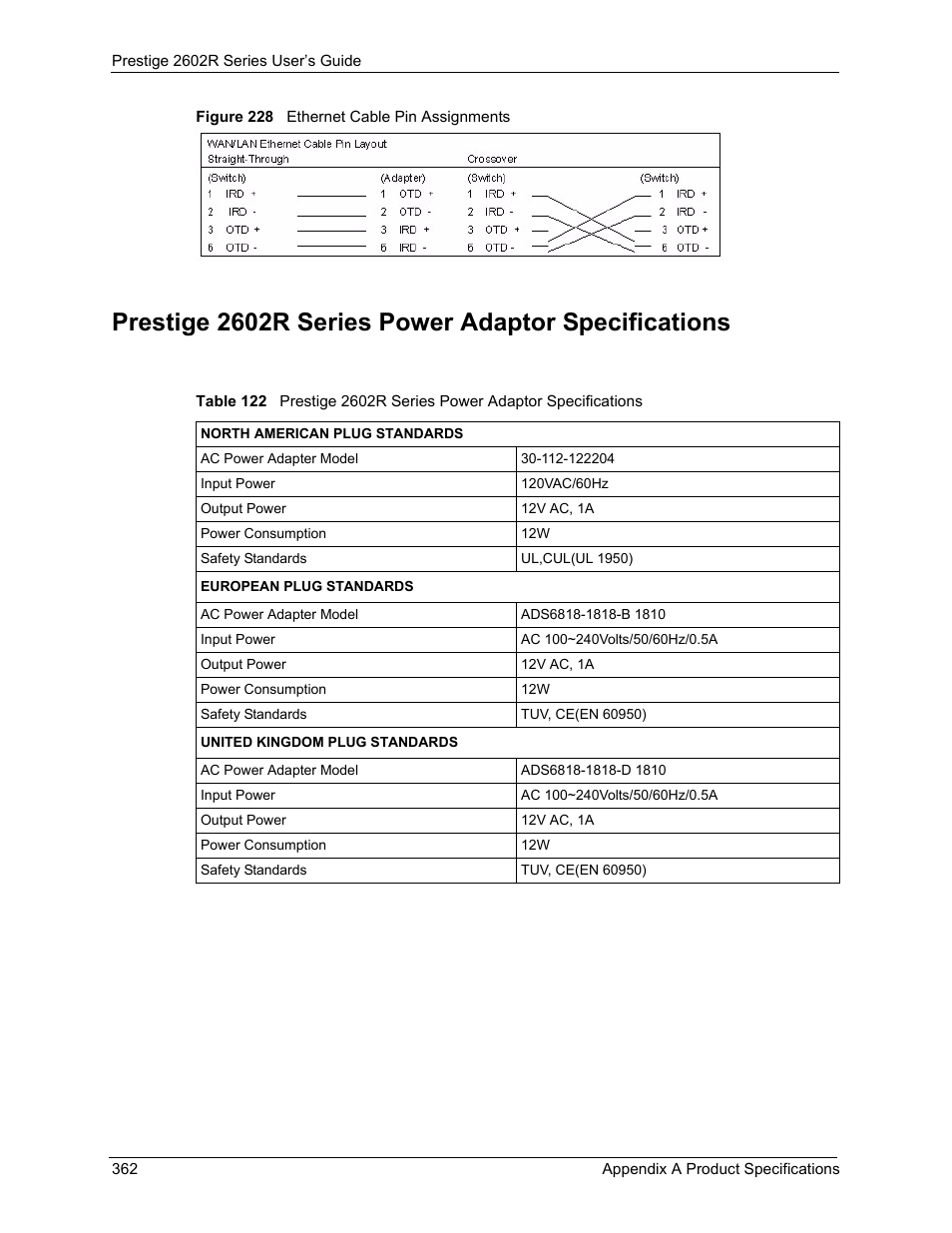 Prestige 2602r series power adaptor specifications, Figure 228 ethernet cable pin assignments | ZyXEL Communications Prestige 2602R Series User Manual | Page 362 / 450