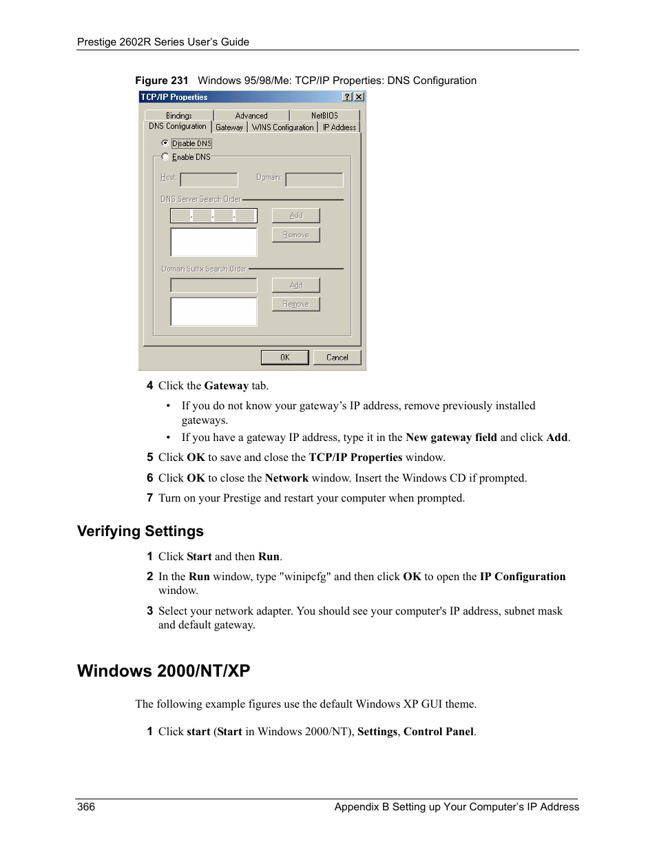 Verifying settings, Windows 2000/nt/xp | ZyXEL Communications Prestige 2602R Series User Manual | Page 366 / 450