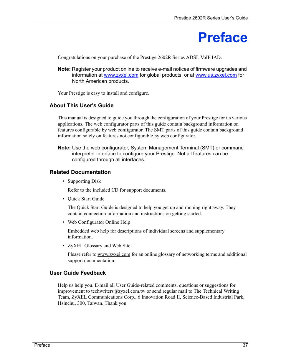 Preface | ZyXEL Communications Prestige 2602R Series User Manual | Page 37 / 450
