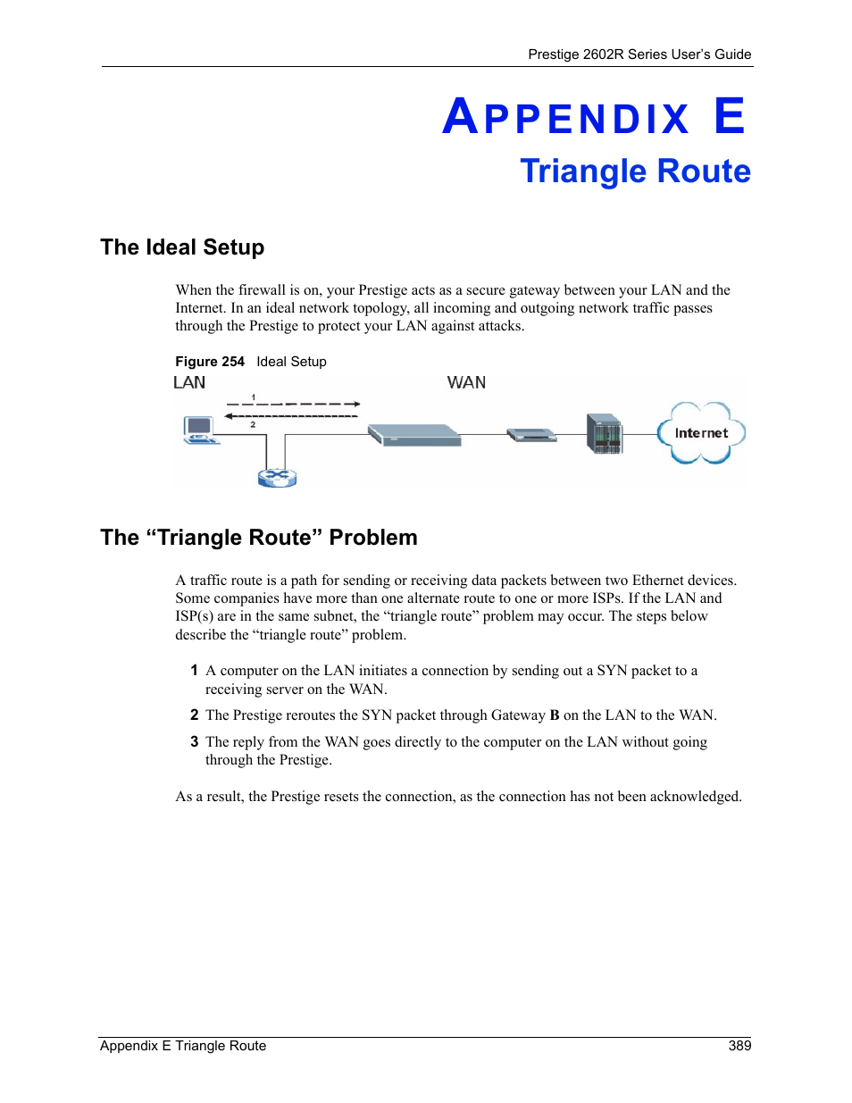 E. triangle route, Appendix e triangle route, The ideal setup the “triangle route” problem | Figure 254 ideal setup, Triangle route | ZyXEL Communications Prestige 2602R Series User Manual | Page 389 / 450