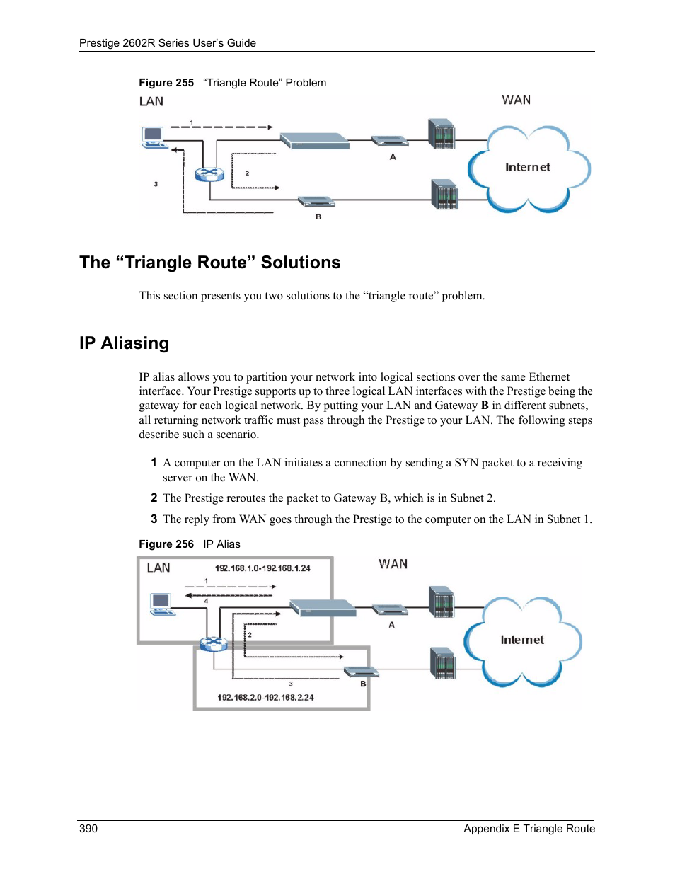 The “triangle route” solutions ip aliasing, The “triangle route” solutions, Ip aliasing | ZyXEL Communications Prestige 2602R Series User Manual | Page 390 / 450