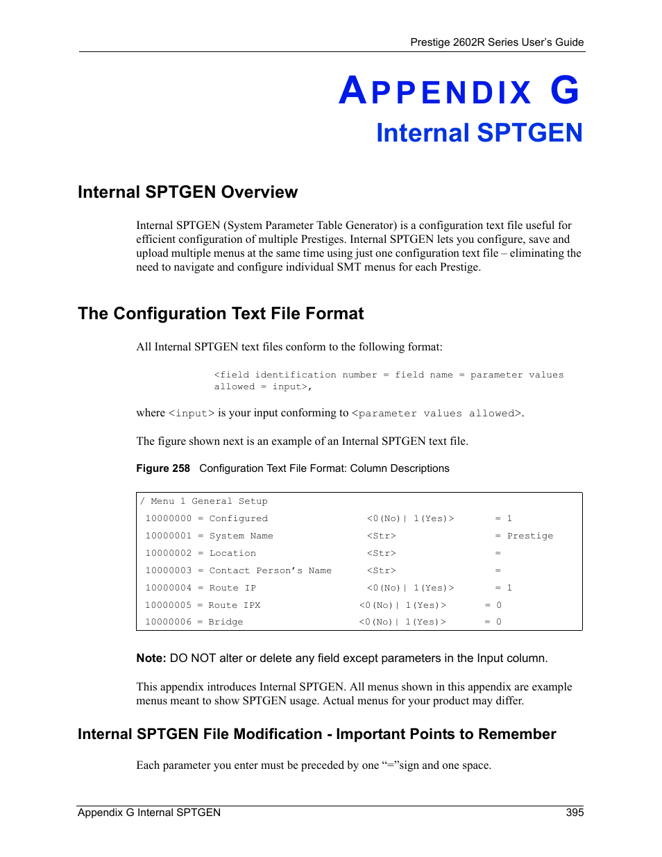 G. internal sptgen, Appendix g internal sptgen, Internal sptgen | Internal sptgen overview, The configuration text file format | ZyXEL Communications Prestige 2602R Series User Manual | Page 395 / 450