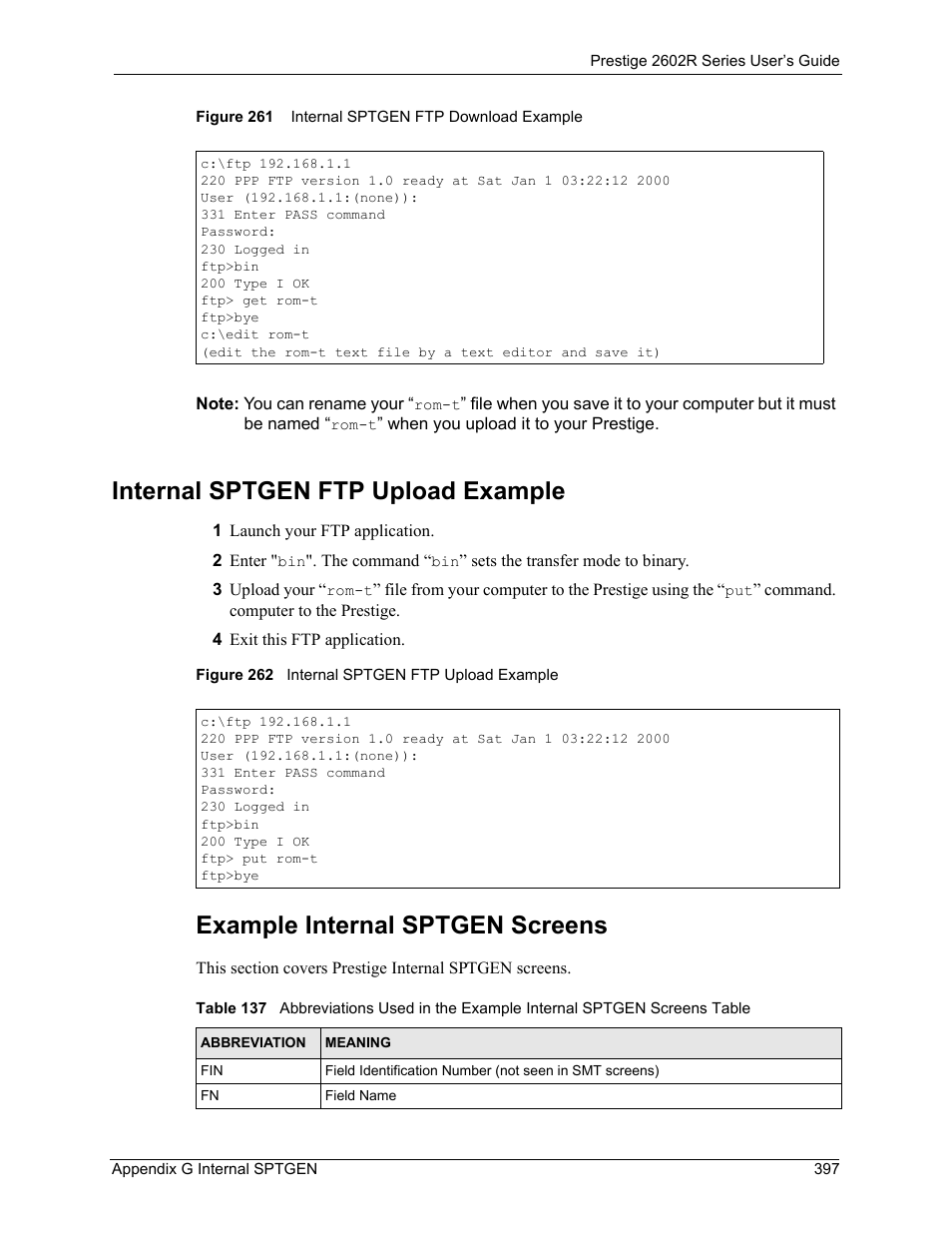 Internal sptgen ftp upload example, Example internal sptgen screens | ZyXEL Communications Prestige 2602R Series User Manual | Page 397 / 450