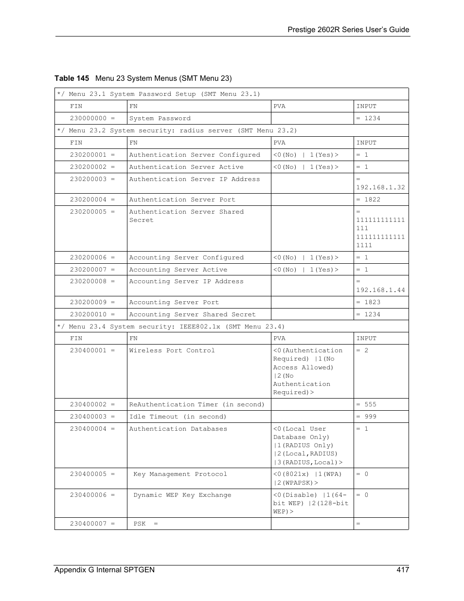 Table 145 menu 23 system menus (smt menu 23) | ZyXEL Communications Prestige 2602R Series User Manual | Page 417 / 450