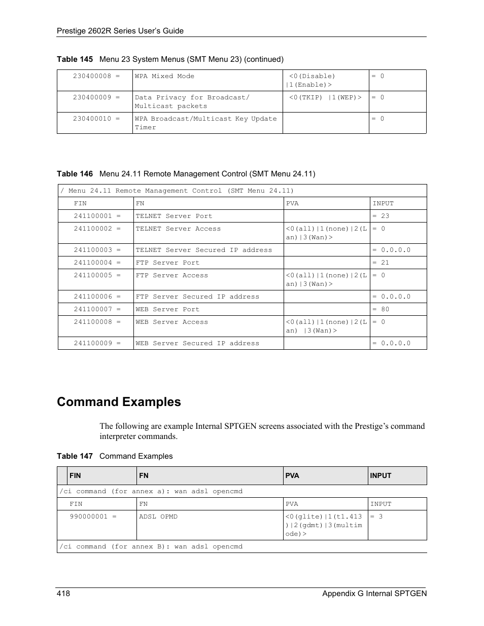 Command examples | ZyXEL Communications Prestige 2602R Series User Manual | Page 418 / 450