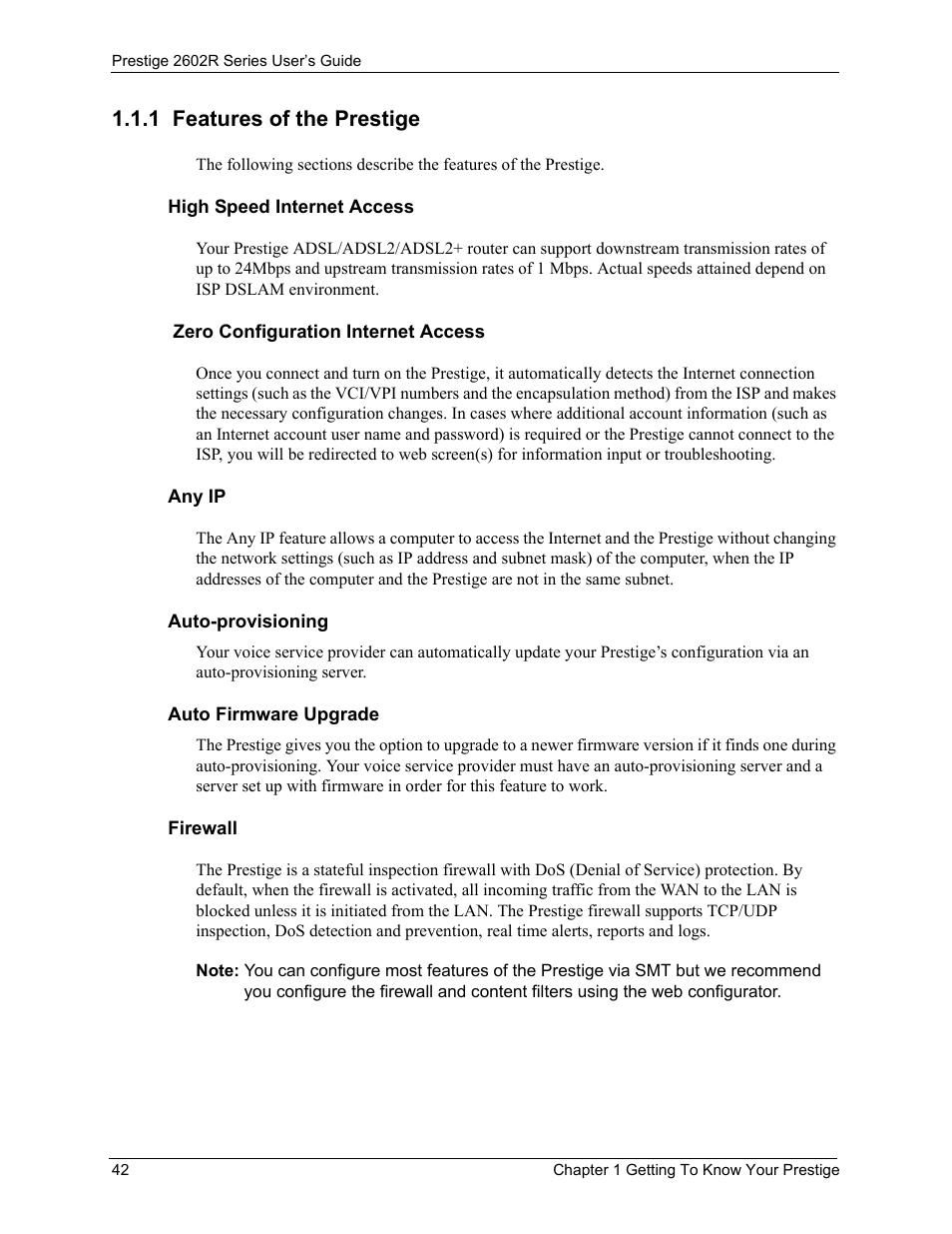 1 features of the prestige | ZyXEL Communications Prestige 2602R Series User Manual | Page 42 / 450