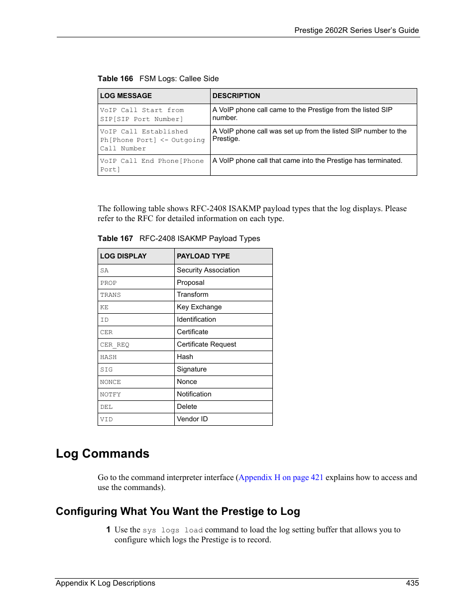 Log commands, Configuring what you want the prestige to log | ZyXEL Communications Prestige 2602R Series User Manual | Page 435 / 450