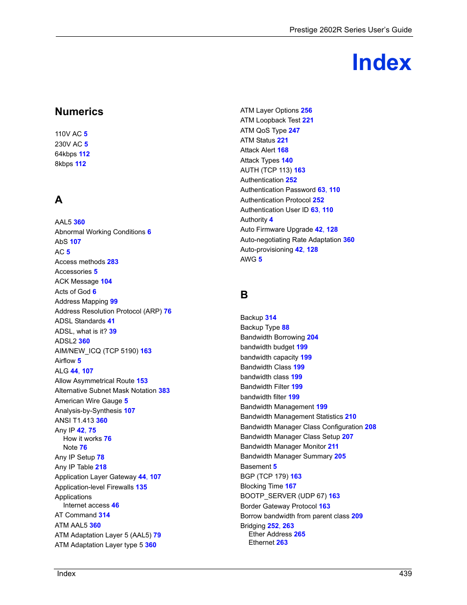 Index, Numerics | ZyXEL Communications Prestige 2602R Series User Manual | Page 439 / 450