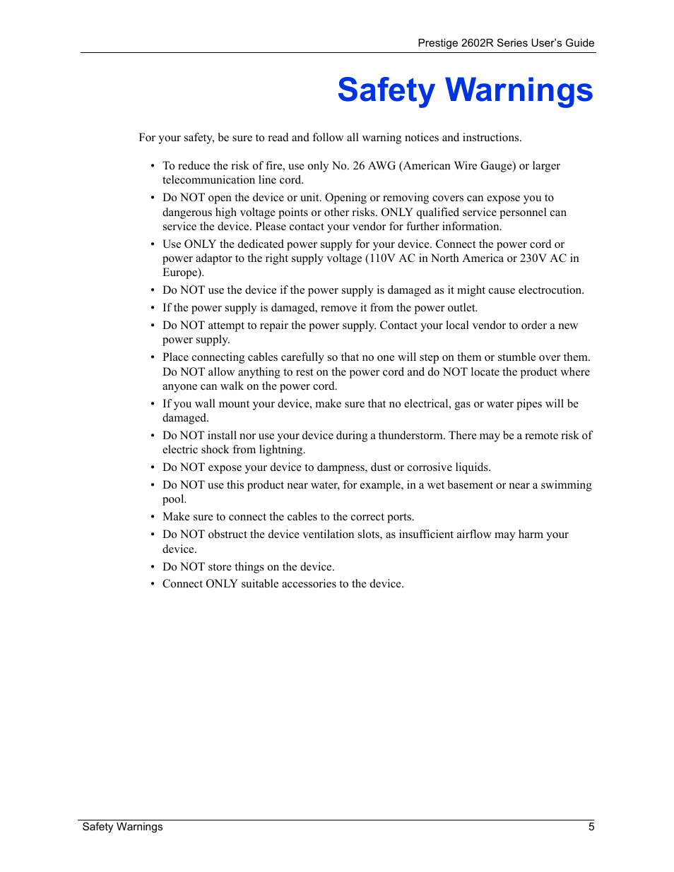 Safety warnings | ZyXEL Communications Prestige 2602R Series User Manual | Page 5 / 450