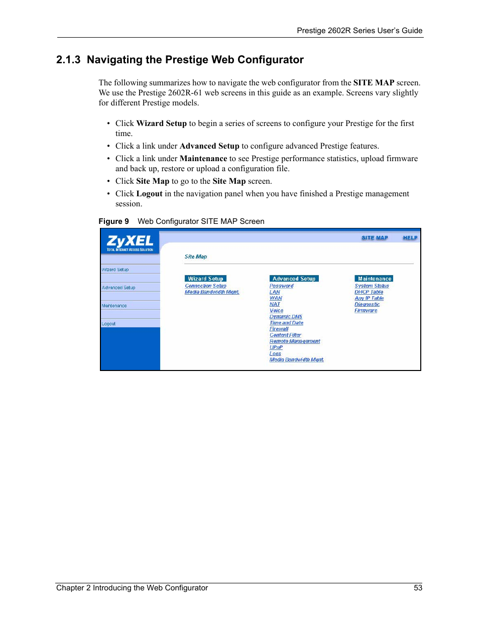 3 navigating the prestige web configurator, Figure 9 web configurator site map screen | ZyXEL Communications Prestige 2602R Series User Manual | Page 53 / 450