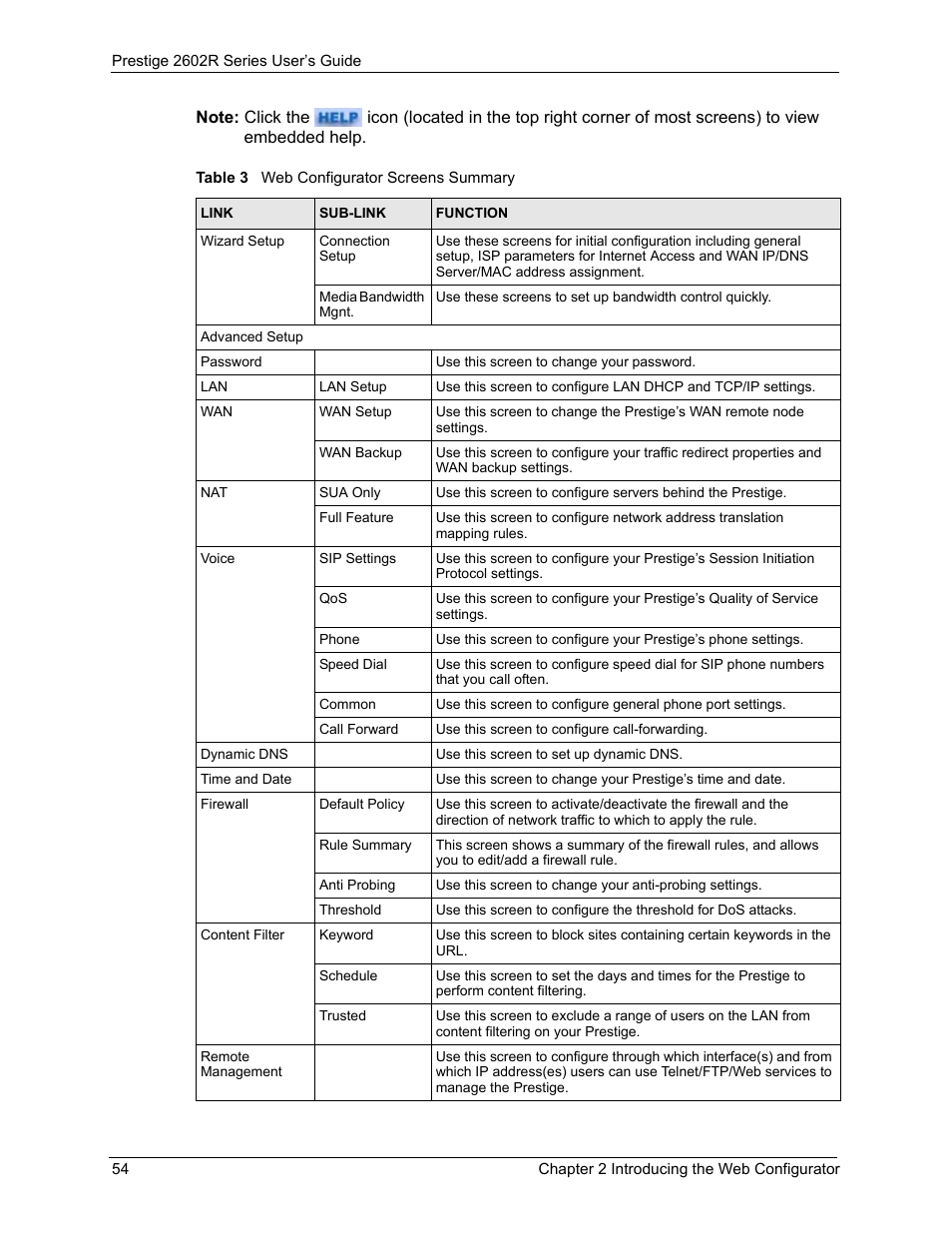 Table 3 web configurator screens summary | ZyXEL Communications Prestige 2602R Series User Manual | Page 54 / 450