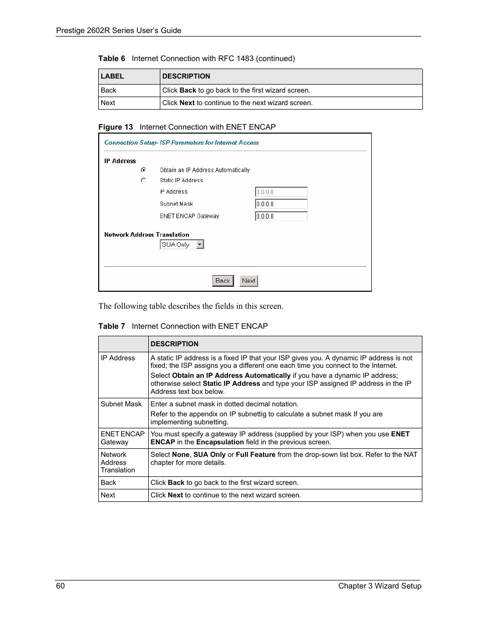 Figure 13 internet connection with enet encap, Table 7 internet connection with enet encap | ZyXEL Communications Prestige 2602R Series User Manual | Page 60 / 450