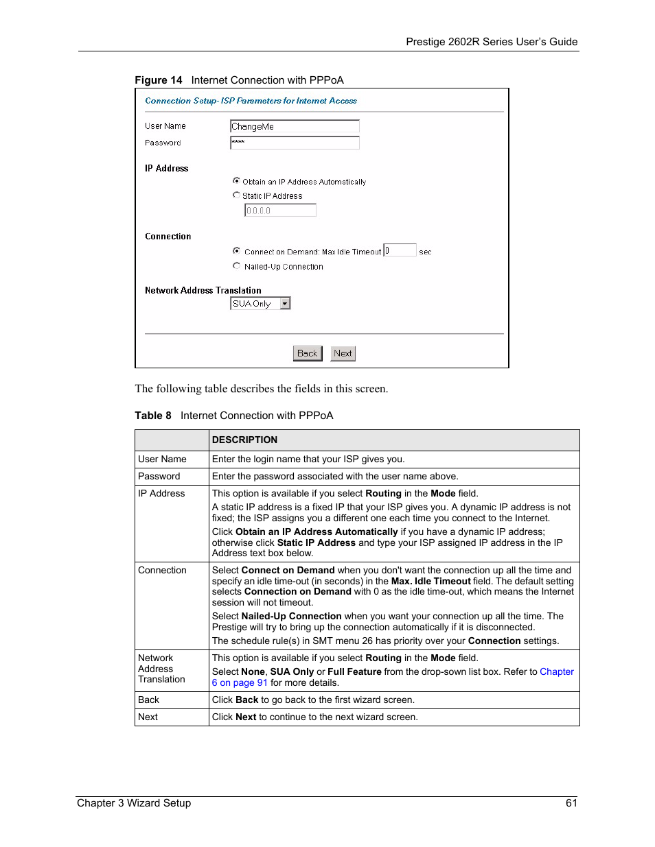 Figure 14 internet connection with pppoa, Table 8 internet connection with pppoa | ZyXEL Communications Prestige 2602R Series User Manual | Page 61 / 450