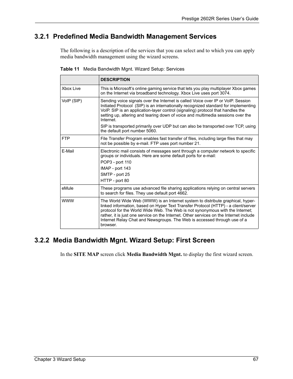 1 predefined media bandwidth management services, 2 media bandwidth mgnt. wizard setup: first screen | ZyXEL Communications Prestige 2602R Series User Manual | Page 67 / 450