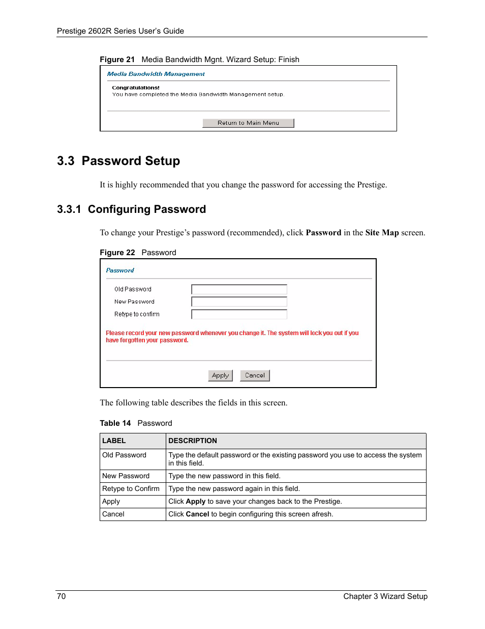 3 password setup, 1 configuring password, Table 14 password | ZyXEL Communications Prestige 2602R Series User Manual | Page 70 / 450