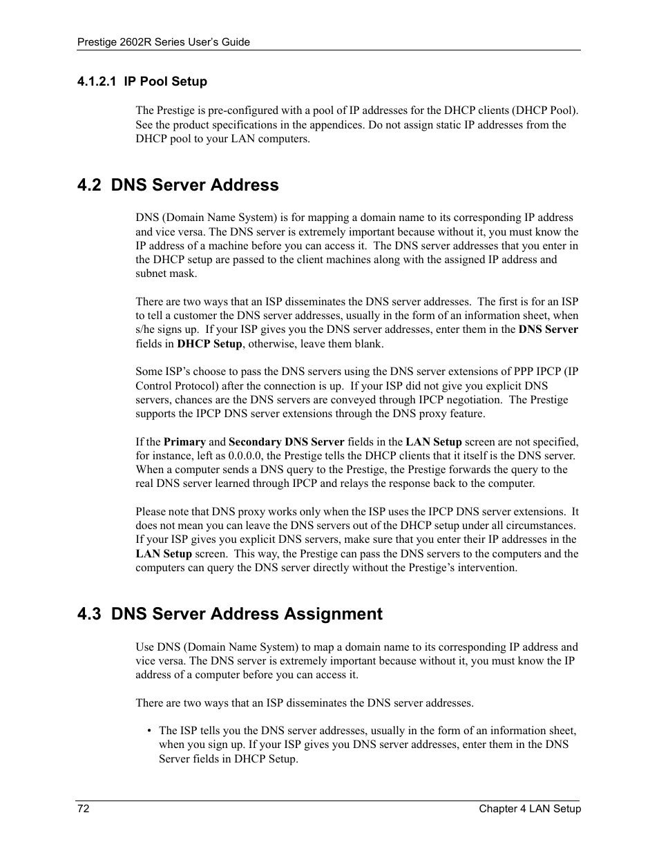 1 ip pool setup, 2 dns server address, 3 dns server address assignment | ZyXEL Communications Prestige 2602R Series User Manual | Page 72 / 450