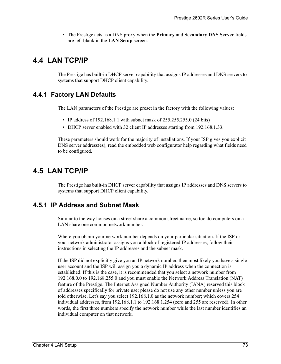 4 lan tcp/ip, 1 factory lan defaults, 5 lan tcp/ip | 1 ip address and subnet mask | ZyXEL Communications Prestige 2602R Series User Manual | Page 73 / 450