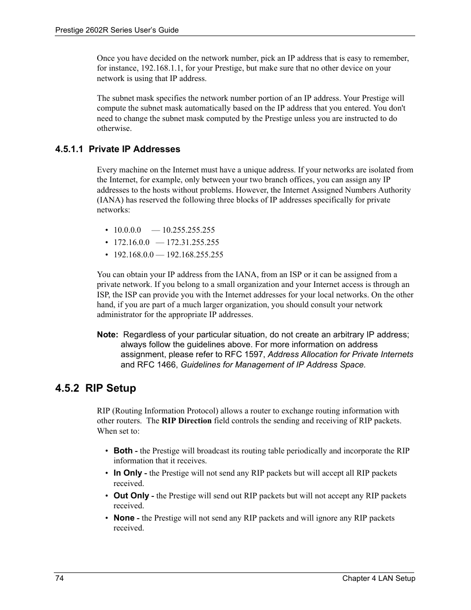 1 private ip addresses, 2 rip setup | ZyXEL Communications Prestige 2602R Series User Manual | Page 74 / 450