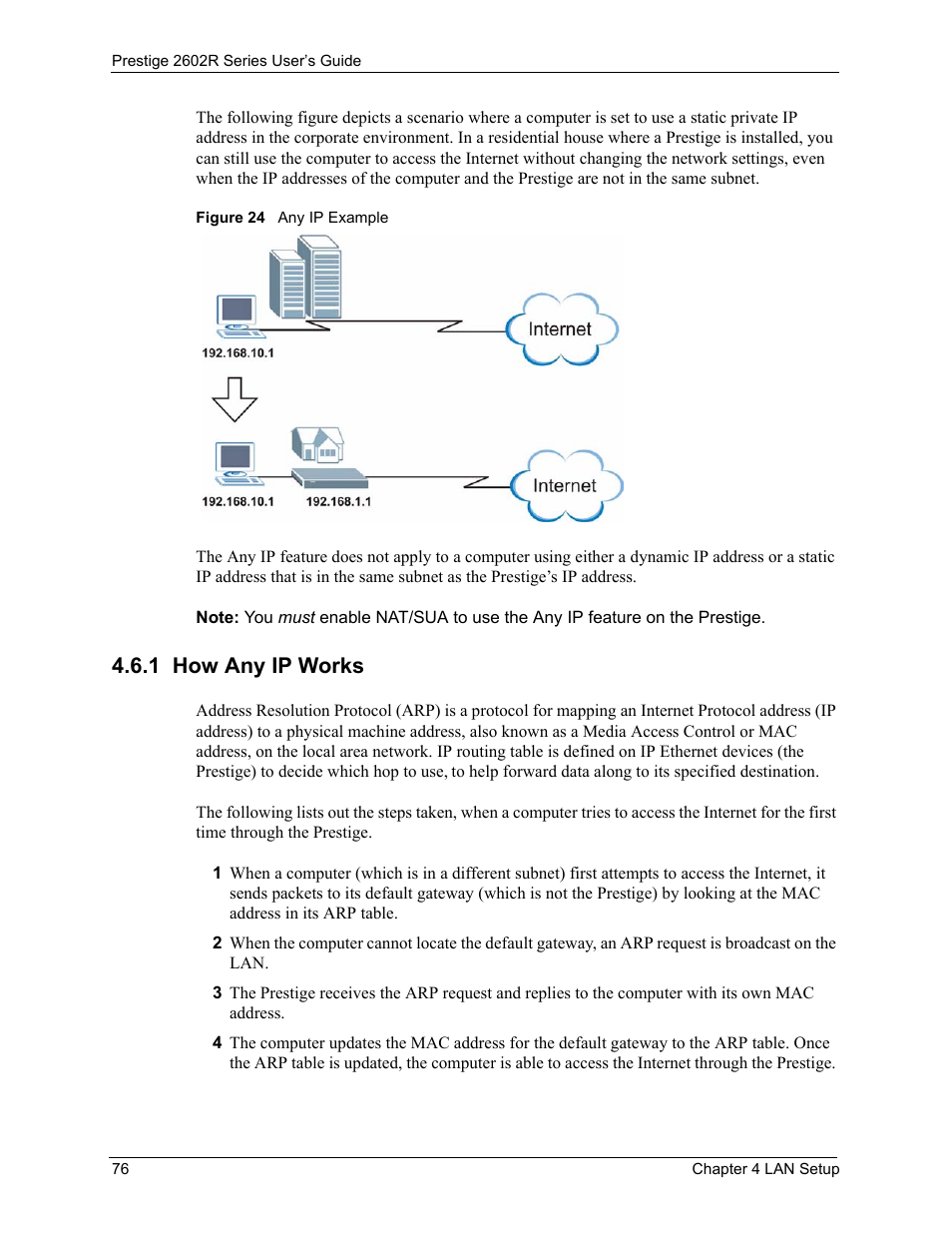 1 how any ip works, Figure 24 any ip example | ZyXEL Communications Prestige 2602R Series User Manual | Page 76 / 450