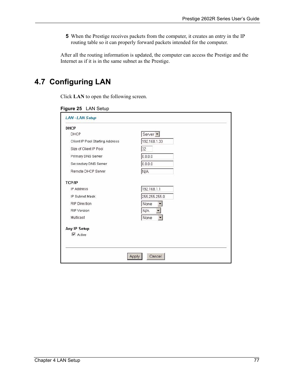 7 configuring lan, Figure 25 lan setup | ZyXEL Communications Prestige 2602R Series User Manual | Page 77 / 450